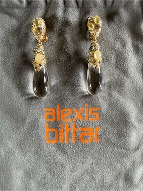 Alexis Bittar Modernist Gold Gem Encrusted Drop Clip Earrings